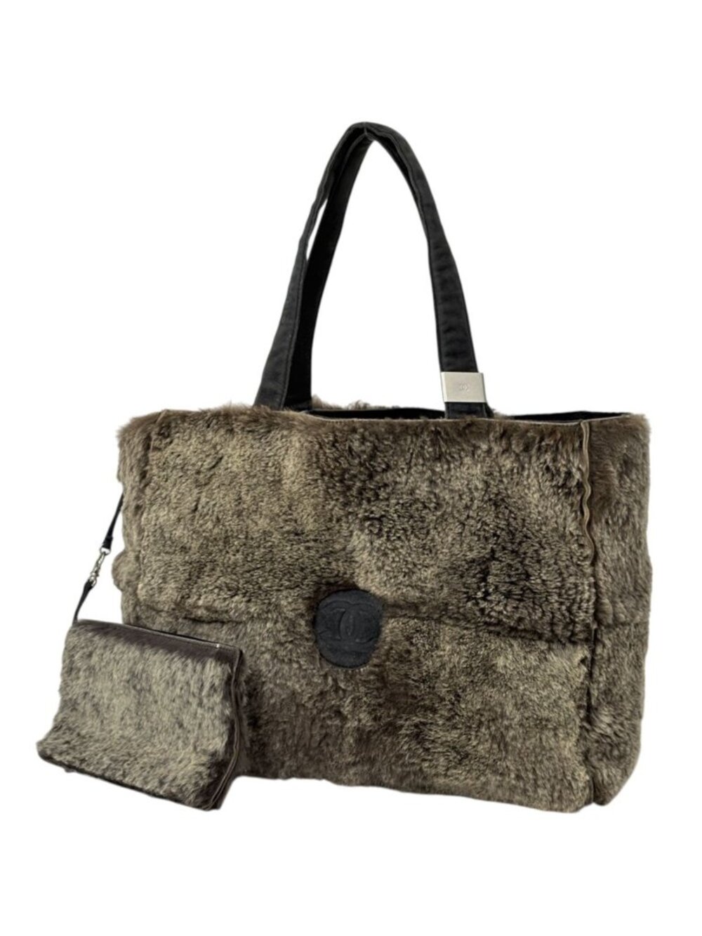 Chanel Handbag CC Logo Rabbit Fur Fabric Brown